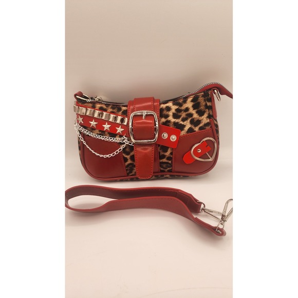 Handbags - Leopard Print Red Baguette Shoulder Bag Studded Star Heart Punk Y2K Handbag